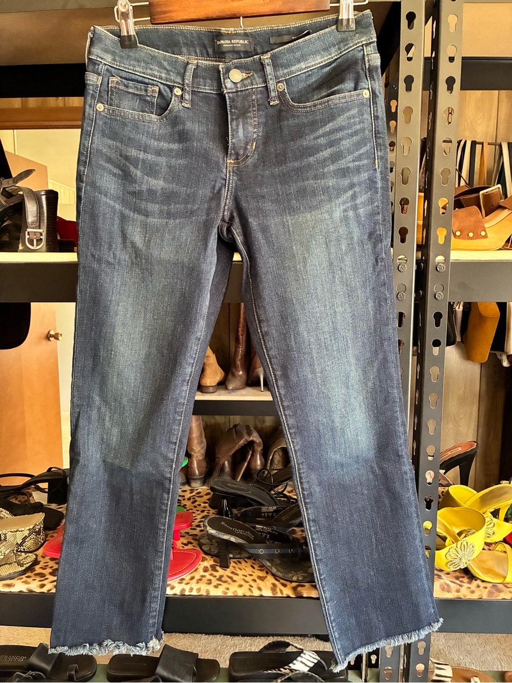 Banana Republic Dark Blue Cropped Straight Jeans with Frayed Hem